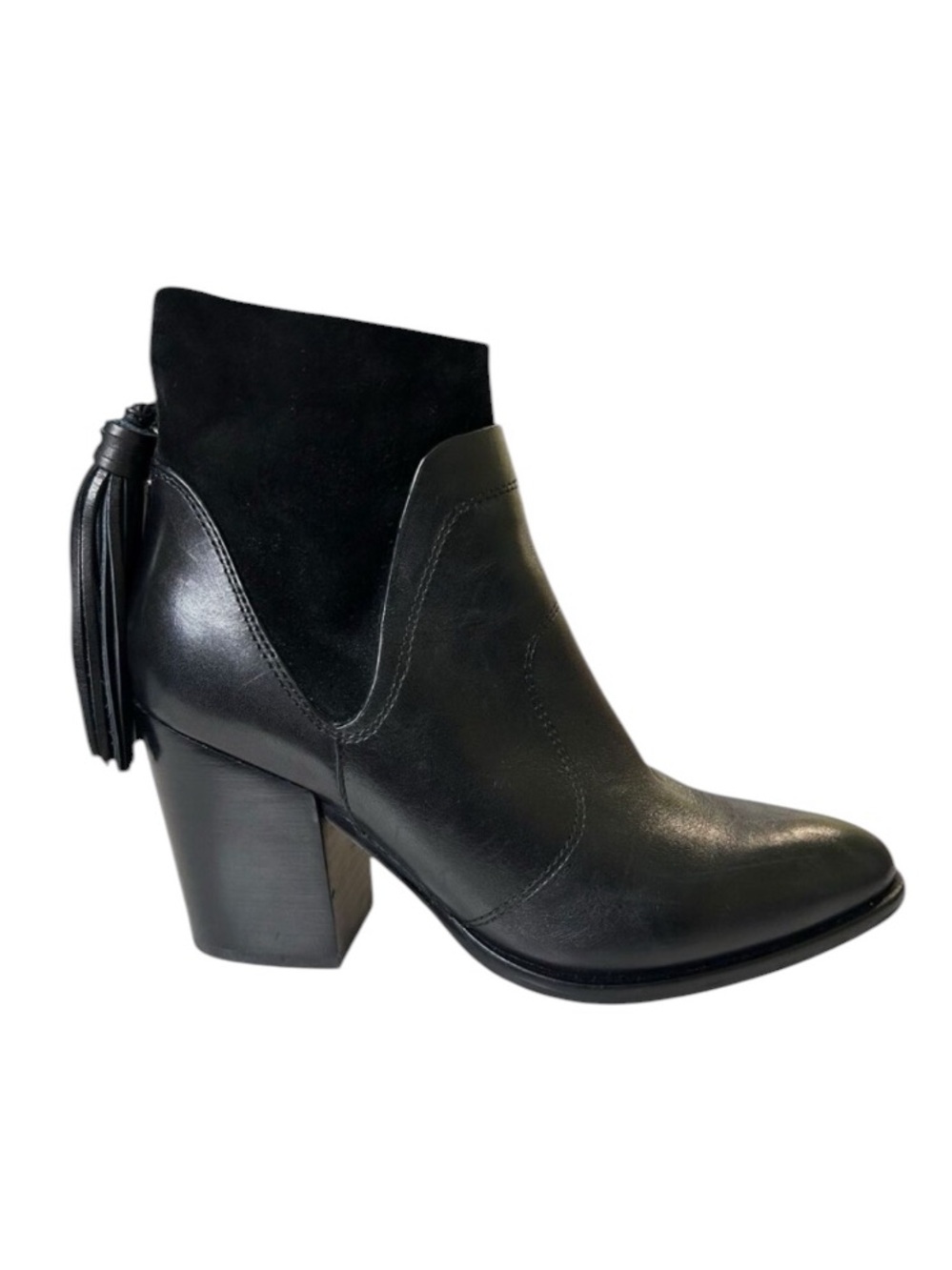 Marc Fisher Ankle Boots Janey Black Leather Suede Women’s 6M Tassels City Chic